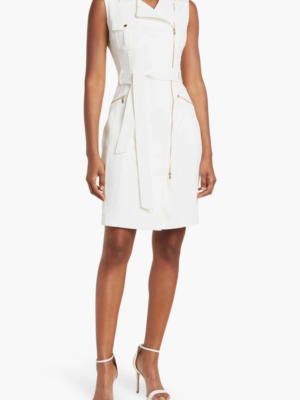 Calvin Klein Moto Belted Sleeveless Sheath Dress Mini Dress White